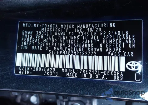 2021 Toyota Corolla Xle z USA, uszkodzony, nr VIN 5YFFPMAE2MP182772